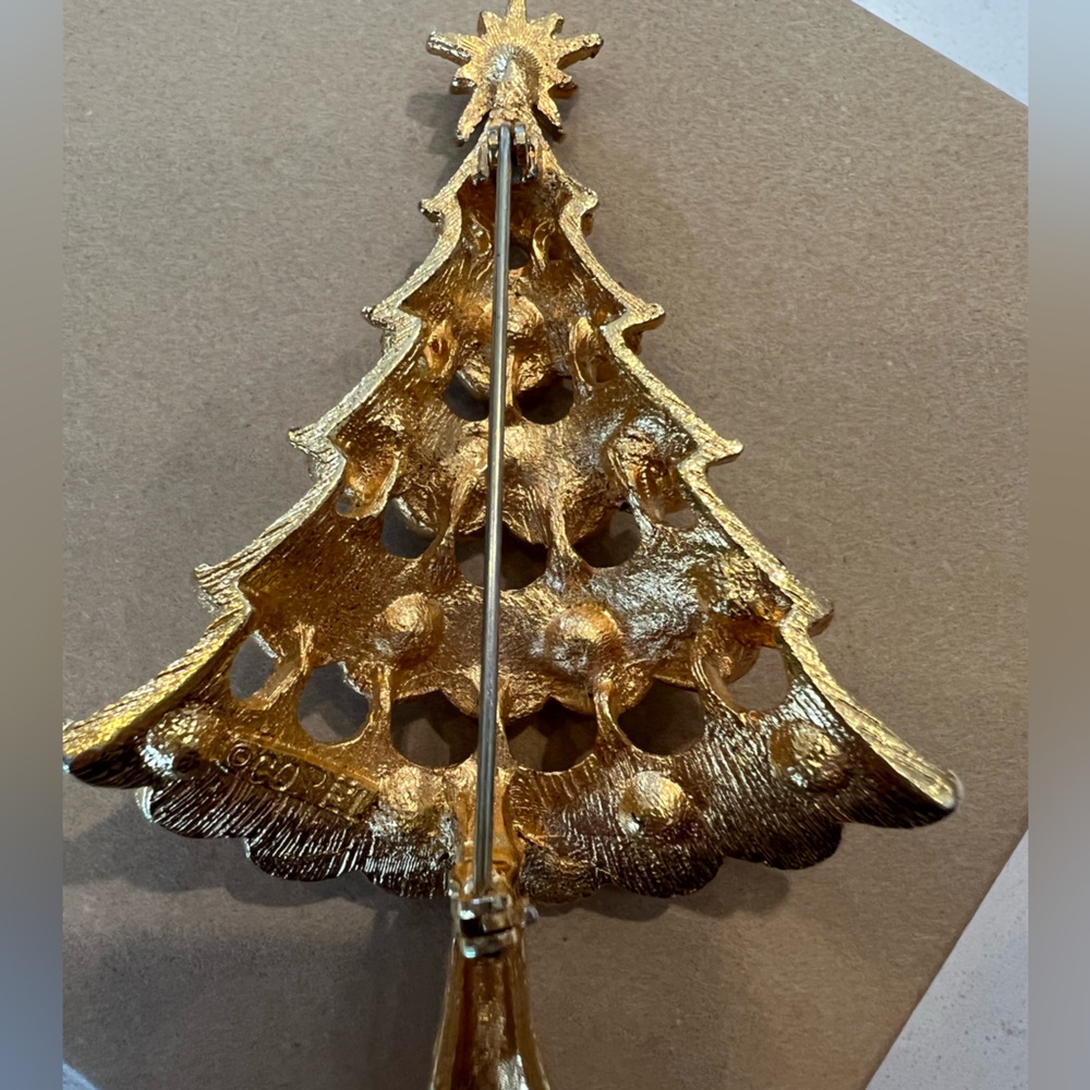 Signed COREL Multi Color Rhinestone Christmas Tree Pin Statement Brooch Gold Red - Picture 5 of 5